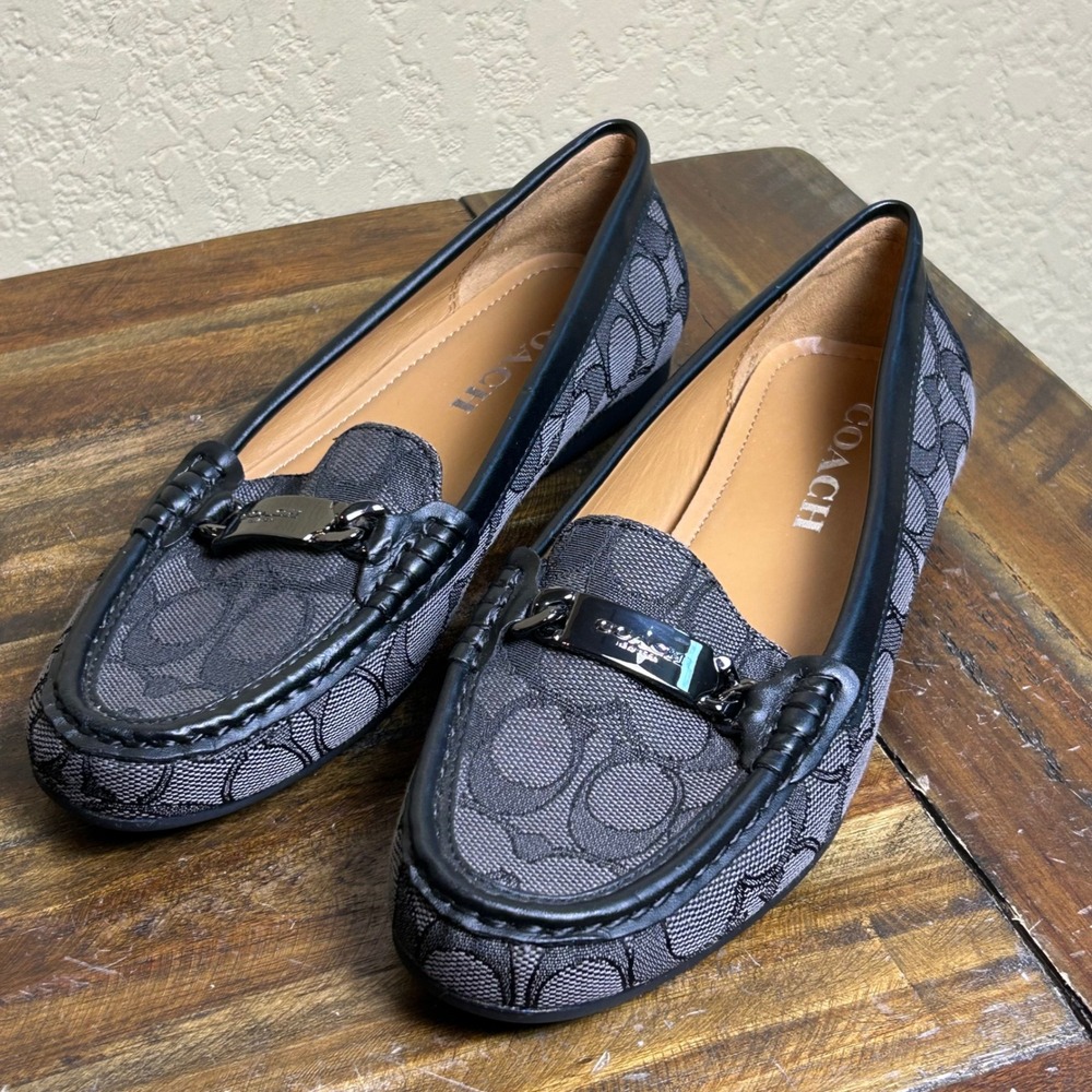 Coach Olive Signature Loafers Women 6.5B Black Canvas Driving Flats - Picture 3 of 13